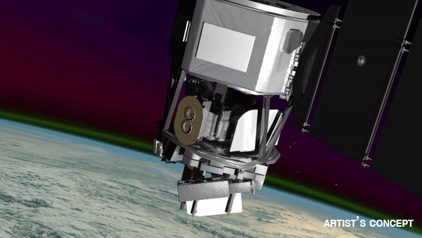 Illustration of a satellite orbiting Earth with a view of the planet's surface in the background. The satellite features various rectangular and cylindrical components. The text "ARTIST'S CONCEPT" is visible in the bottom right corner. 