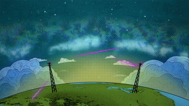 Two radio towers on a curved Earth send and receive pink wavy signals under a starry night sky with clouds and aurora-like lights. The animated scene has a stylized, comic book-inspired look.