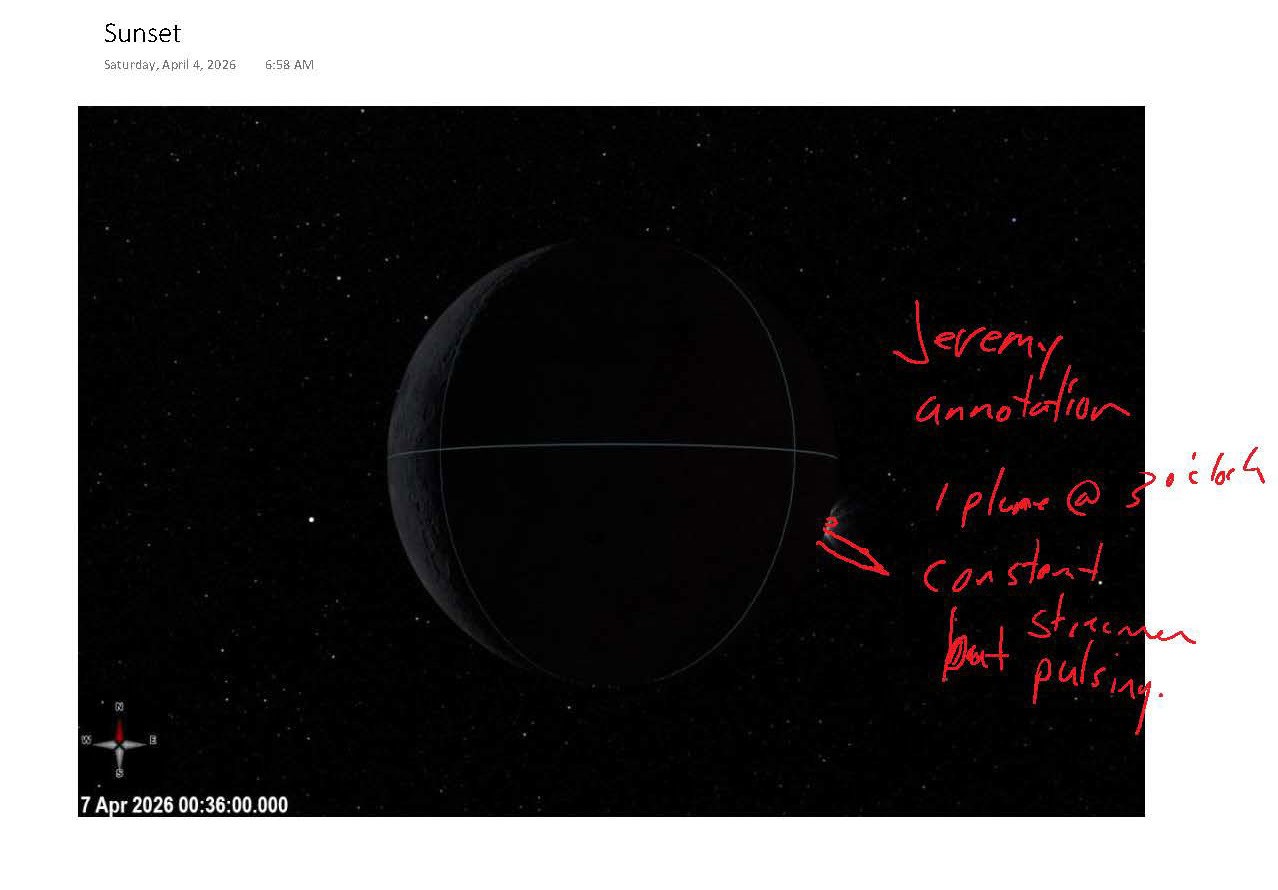Annotated picture of a dark Moon. It reads “Jeremy annotation. 1 plume at 3 o’clock constant but streamer pulsing.” He has drawn a small burst sticking out from the bottom right edge of the Moon.