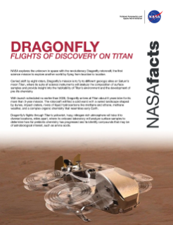 First page of Dragonfly mission fact sheet with text block and illustration of rotorcraft in motion on lower half of the page.