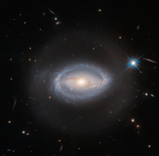 A spiral galaxy. It has two almost-straight arms coming from the left and right of the core that meet a starry ring around the galaxy�s edge. The ring is bluish in color, and the core is golden and shining. A faint halo of light also surrounds the galaxy. There is one bright star with many diffraction spikes, and a few small stars all around on a black background.