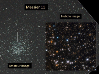 Left: amateur image, right: Hubble image of the open cluster Messier 11. The amateur image shows a grouping of stars against a dark grey background. The Hubble image reveals blue-white, orange, white, and yellow stars against a black background.