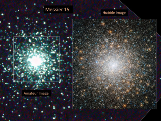 Left: amateur image, right: Hubble image of the globular cluster Messier 15. The amateur image reveals a sphere of stars with a bright-white center. The Hubble image shows a sphere of stars in colors of orange, blue, yellow, and white. The cluster's core is also bright white , but Hubble reveals individual stars instead of a uniform white glow.