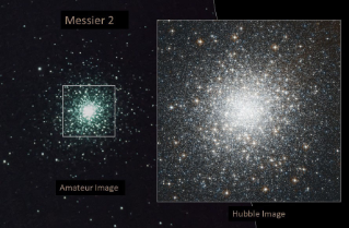 Left: amateur image, right: Hubble image of the globular cluster Messier 2.