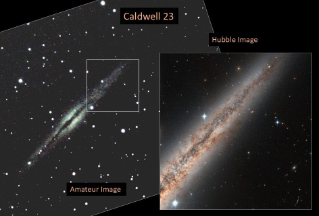 Left: amateur image, right: Hubble image of the pair of open clusters Caldwell 23.