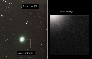Amateur vs. Hubble image of Messier 32. The amateur image shows the entire galaxy appearing as a white oval outlined by an aqua ring against a black background dotted with stars. The Hubble image only shows one quarter of the galaxy in the upper-left corner, with the rest of the image revealing how the density of stars gradually falls off away from the galaxy.