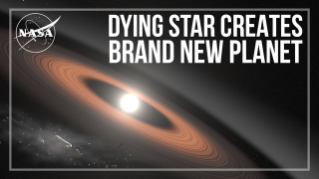 An artist's concept image of a white dwarf star with an orange disk of material around it. The NASA "meatball" logo in black and white is in the upper-left corner. The title, "Dying Star Creates Brand New Planet" is across the top-center to the upper-right corner.