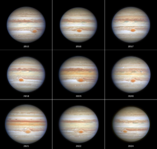 9 images of Jupiter arranged in a 3-by-3 square. All images are labelled by the year they were taken, the first in 2015 and the last in 2024. The Great Red Spot is visible in all 9 images.