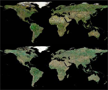 Landsat 7 image mosaics used in Google Earth™, top: NaturalVue™, bottom: TruEarth®.