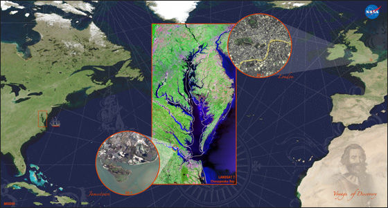 Poster showing John Smith's Voyage of Discovery starting and ending points using MODIS, Landsat and EO-1 satellite data.
