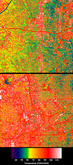 Satellite imagery of suburban and urban Atlanta shows the differences in daytime heating