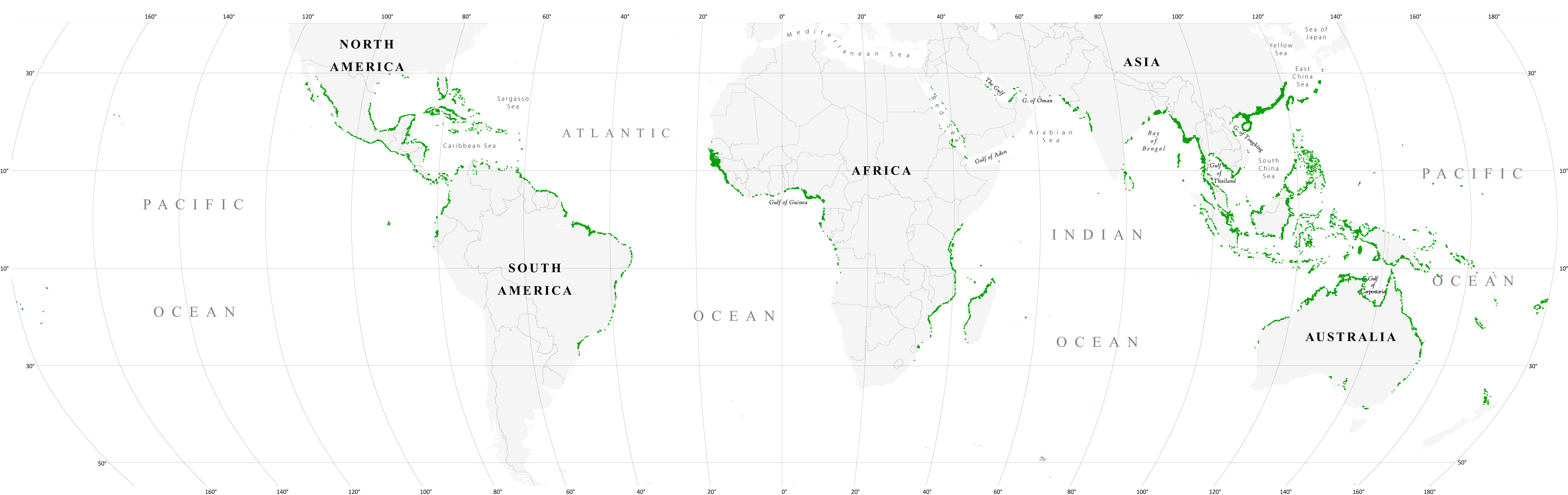 A portion of the map showing mangrove forests distributions of the world.