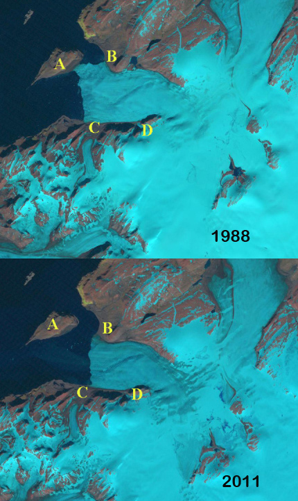 Krivosheina Glacier on Novaya Zemlya seen by Landsat from 1988 to 2011.
