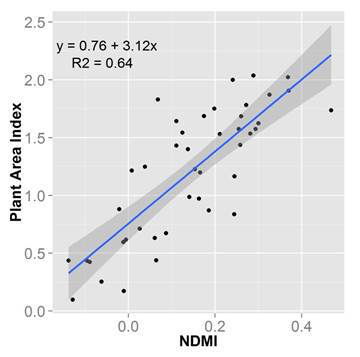 plot of field measured plant area v. NDMI