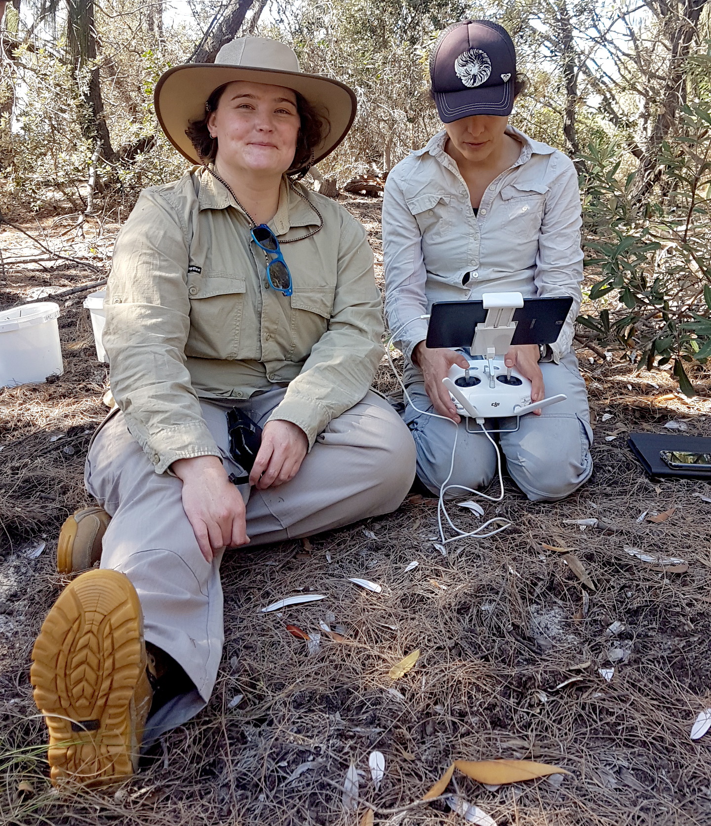 Bex Dunn and Dr Fernanda Adame, Wetland Ecology Senior Research Fellow at Griffith University’s Australian Rivers Institute, conducting field observations of wetlands with UAVs (Autonomous Aerial Vehicles) on Minjerribah (North Stradbroke Island, Queensland, Australia).