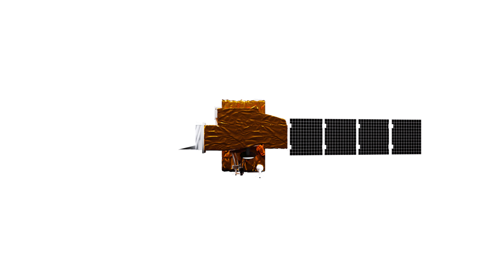 Artist's rendering showing a 360-degree rotating view of the Landsat 7 satellite.