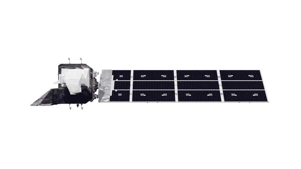 Artist's rendering showing a 360-degree rotating view of the Landsat 9 satellite.