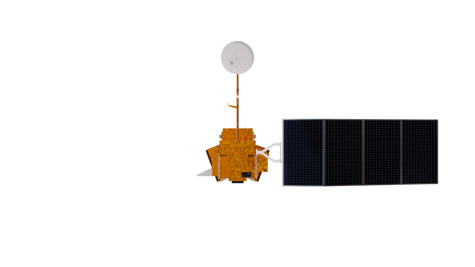 Rotating turntable animation of the Landsat 4-5 Earth observation satellite displaying all sides of the spacecraft.