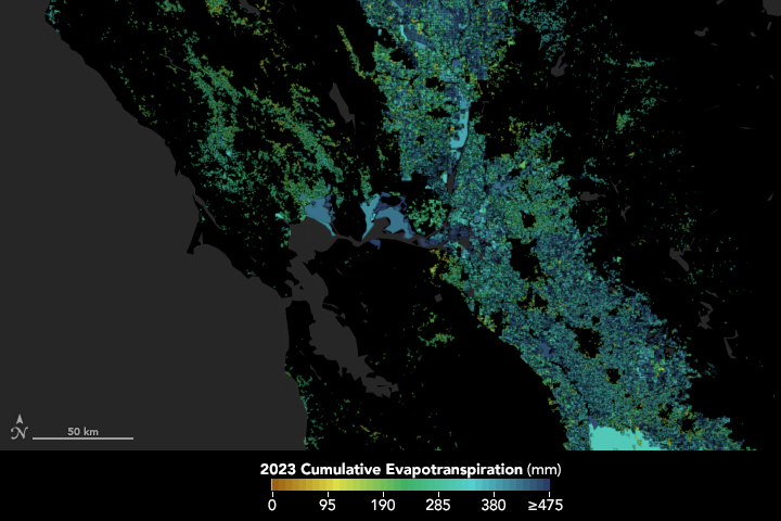 A map of water consumption in California's Central Valley. Shades of water use are shown in colors from orange to blue, the agricultural area has lots of teal color indicating a fair amount of water use.