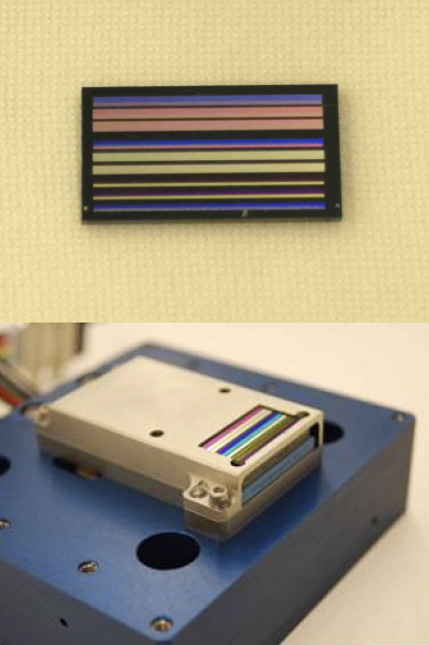 Top:Nice long rectangular filter sticks assembled into a block. Bottom: the butcher block OLI filter mounted to a focal plane module.