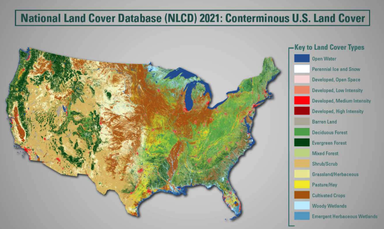 A map of the U.S. showing different land-cover types in an assortment of colors.