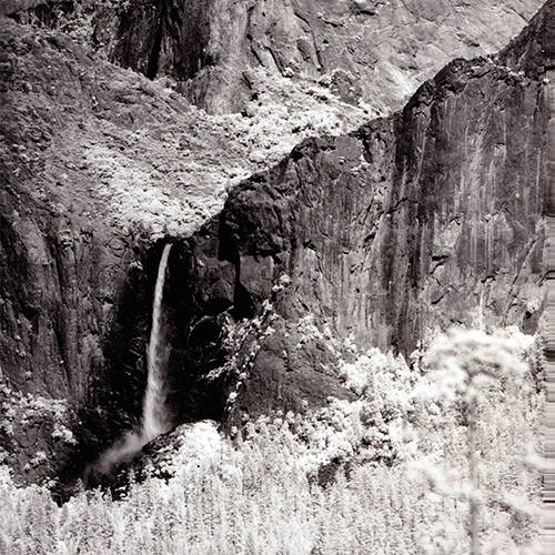 A black and white MSS engineering model image of Bridalveil Falls in Yosemite National Park.