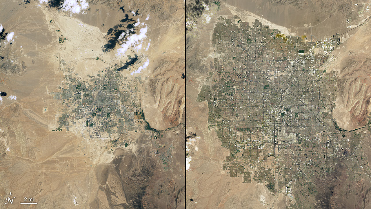 A natural-color comparison of Las Vegas between 1985 and  2025, highlighting the dramatic urban expansion over time.