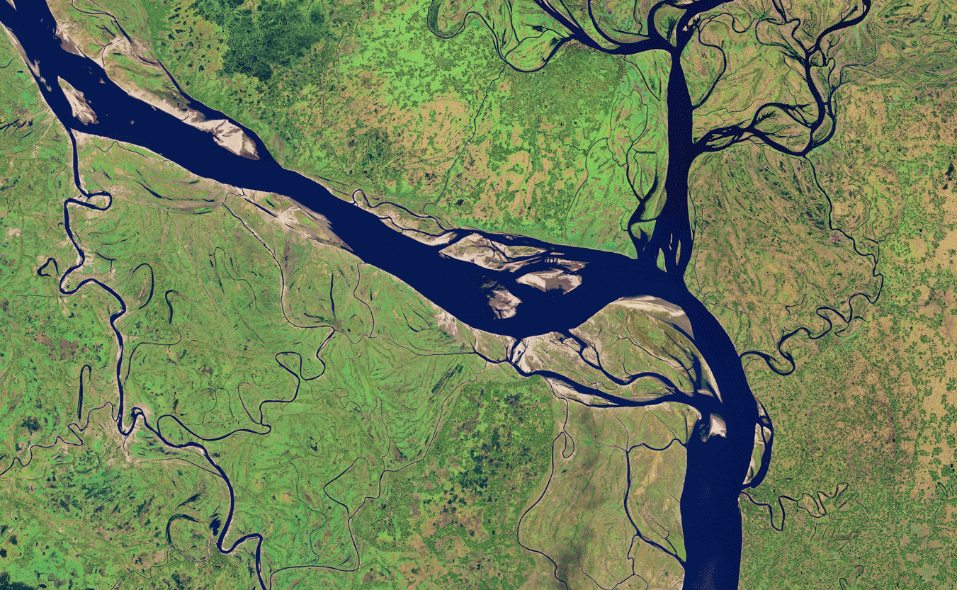 A timeseries showing the meandering Padma River from 1988 to 2018..
