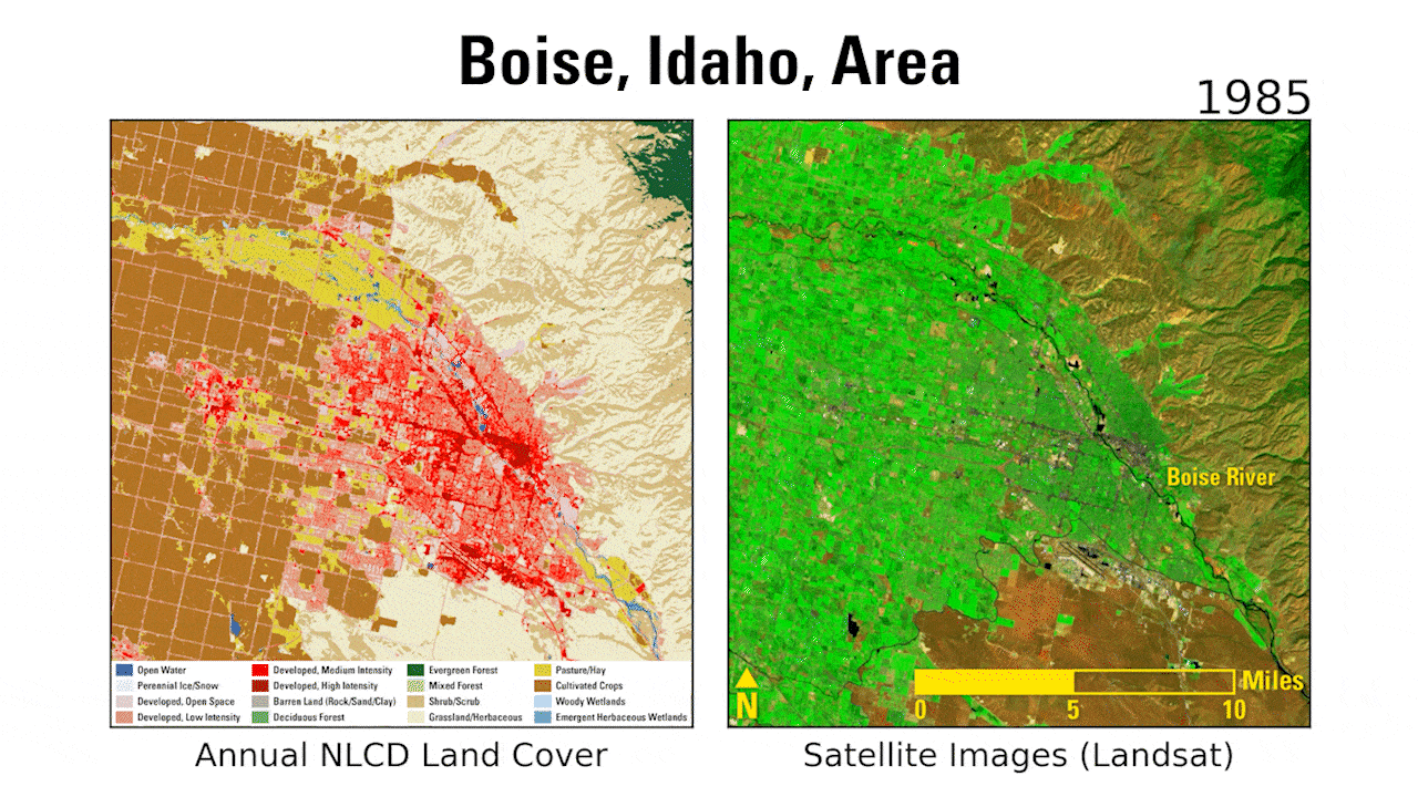 The animation above shows Treasure Valley, part of the Snake River Valley and home to the Boise, Idaho, metro area. The Boise Mountains lie to the east, and cropland and pasture/hay land lie to the west. The area’s population has seen significant growth in recent decades, far more than doubling between 1990 and now to above 800,000. The change is especially evident in the Annual NLCD land cover view of cropland (brown) changing to urban area (shades of red). Common crops in the area include hay/pasture, corn and wheat.