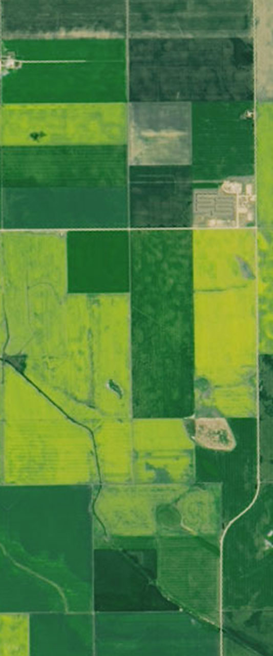 Landsat satellite image showing rectangular agricultural plots forming the number 7.