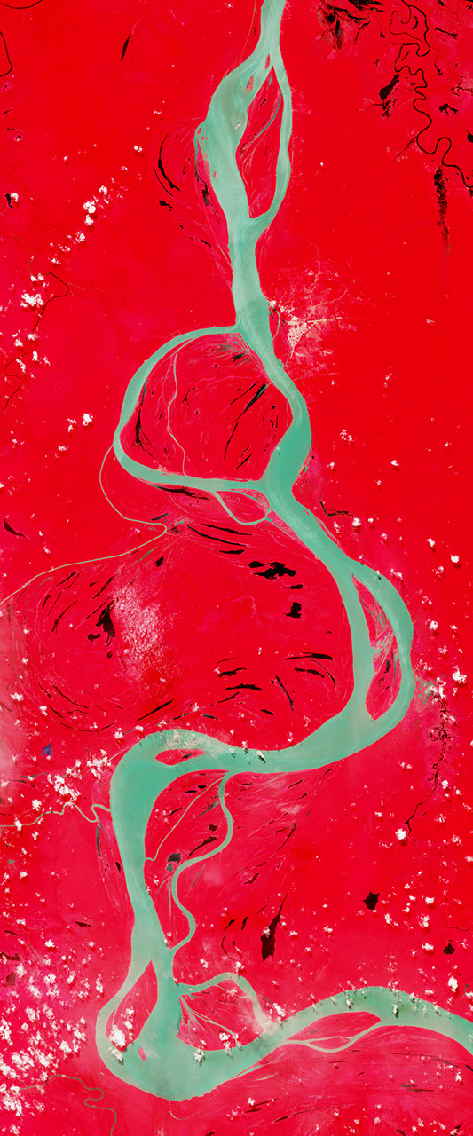 Landsat satellite image of a curvy muddy river forms the lower case letter G.