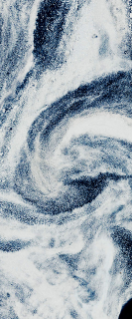 Landsat satellite image of swirling white sea ice and dark ocean water forms the uppercase letter g.