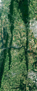 Landsat satellite image of dark forested ridges and a river surrounded by lighter green and brown agricultural fields forms the uppercase letter H.