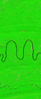 False-color Landsat satellite image showing a curvy river forming the letter m.