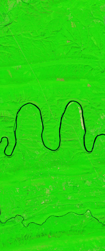 False-color Landsat satellite image showing a curvy river forming the letter m.