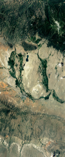 Landsat satellite image showing vegetated areas resembling the lower case letter U.