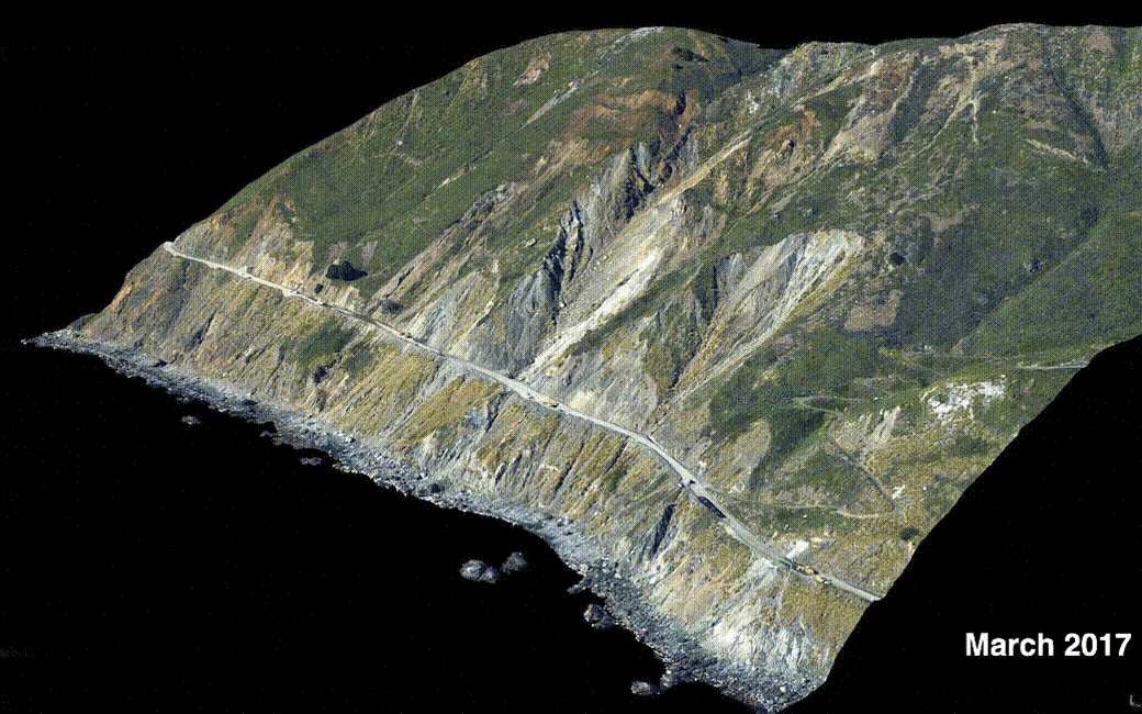 This series of images shows the collapse of the Mud Creek landslide in May 2017 along the Big Sur coast in Central California, and the subsequent repairs to Highway 1, which was damaged during the event.