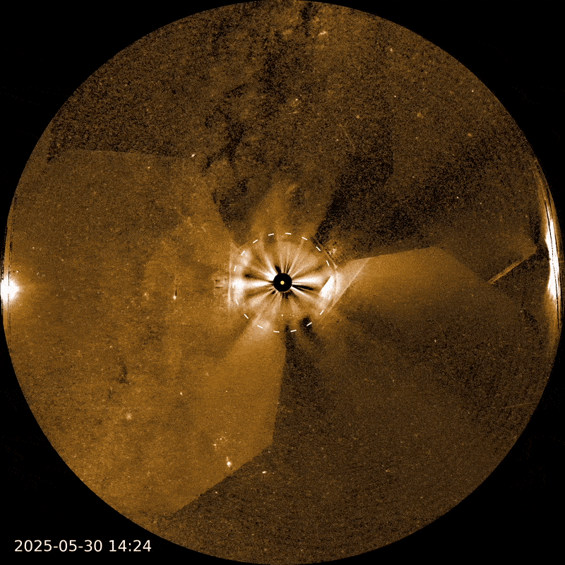An image shows a circular view of the sky, colored gold, around the Sun. A black circular disk blocks the Sun at the center, but a small yellow circle shows the size and location of the Sun within the black disk. Near the top, a bulb-shaped cloud, a coronal mass ejection, extends upward from the Sun.