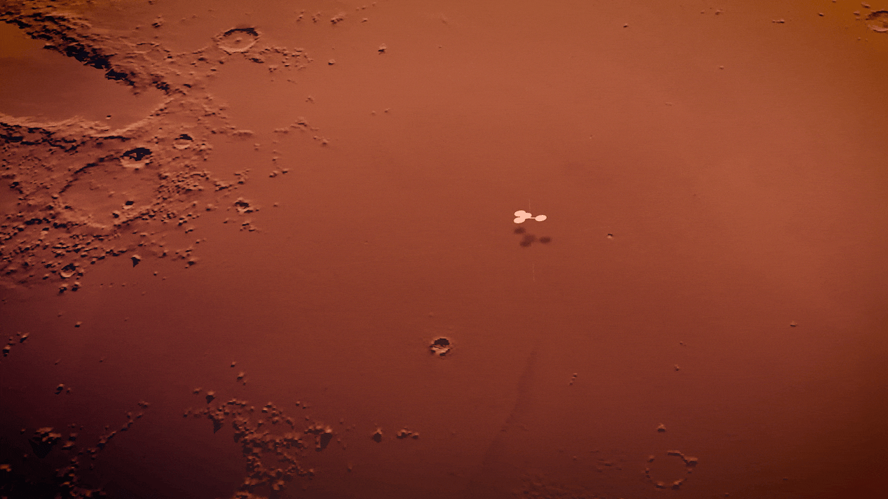 A diagram drawing three curved white lines extending outward from a center point, above deep orange rough and cratered terrain. The lines represent the three SkyFall helicopters spreading outward from their drop zone to explore the Martian surface.