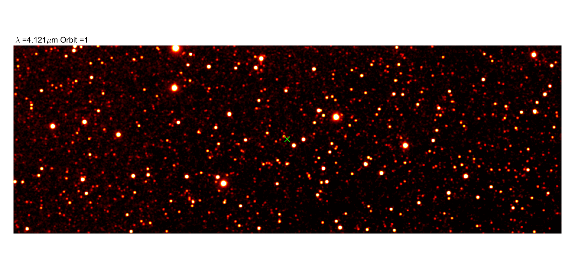 This horizontal moving image shows red and white blotches against a black background. In the middle, a bright red, yellow, and white object gets bigger.