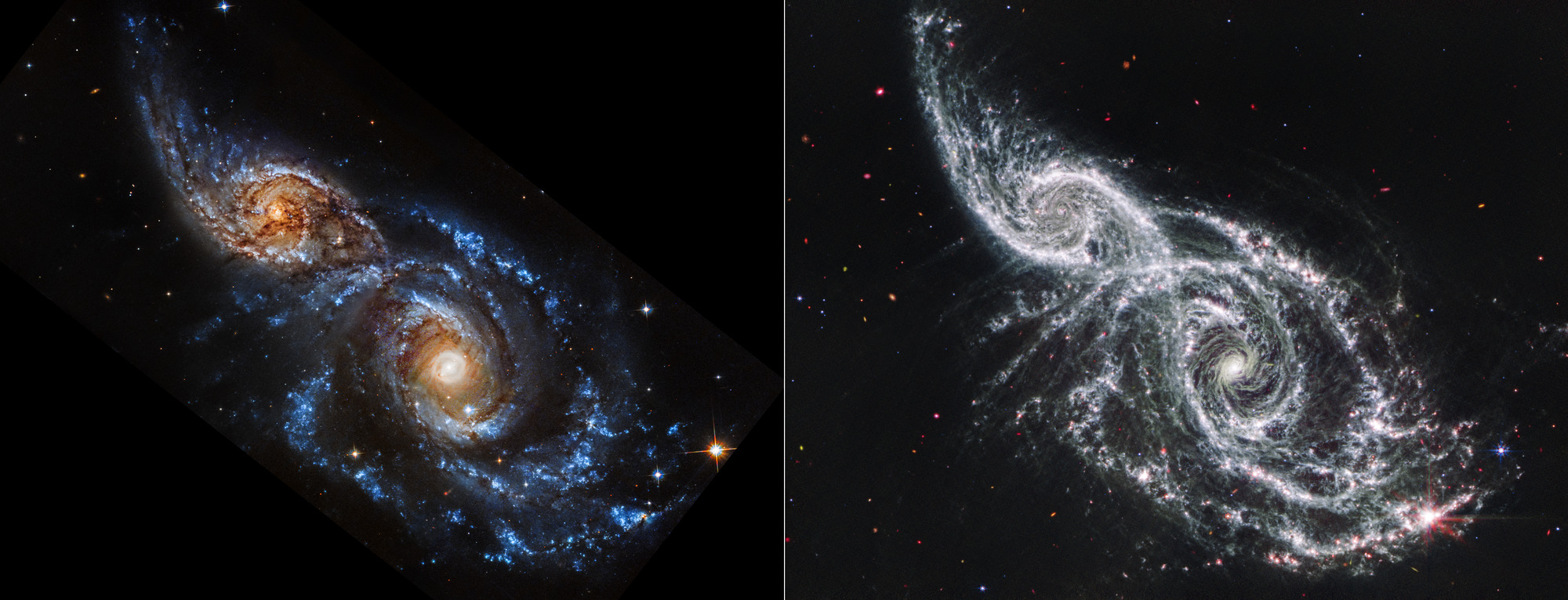Galaxies IC 2163 and NGC 2207 (Hubble and Webb Images Side by Side