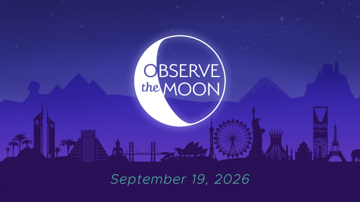 Animation loop with Observe the Moon logo and September 19, 2026 in the center, against a night backdrop of world landmarks.