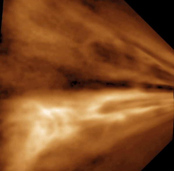 Animation showing a roiling stream of sepia-toned particles. The stream originates at center right and spreads out to fill the whole height of the graphic as it moves to the left.