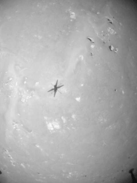 NASA’s Ingenuity Mars Helicopter took these images on its fourth flight, on April 30, 2021, using its navigation camera. The camera, which tracks surface features below the helicopter, takes images at a rate at which the helicopter’s blades appear frozen in place.