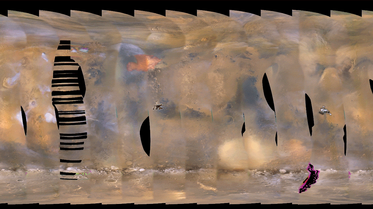 This set of images from NASA’s Mars Reconnaissance Orbiter shows a fierce dust storm is kicking up on Mars, with rovers on the surface indicated as icons.
