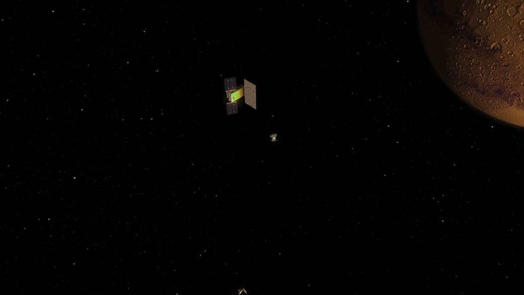 This animation depicts the MarCO CubeSats relaying data from NASA's InSight lander as it enters the Martian atmosphere.