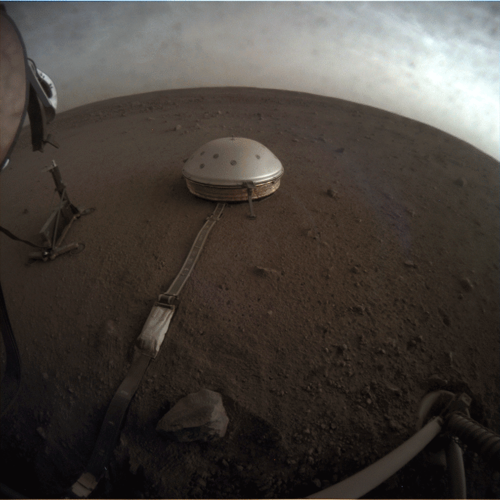 NASA's InSight used its Instrument Context Camera (ICC) beneath the lander's deck to image these drifting clouds at sunset. This series of images was taken on April 25, 2019, the 145th Martian day, or sol, of the mission, starting at around 6:30 p.m. Mars local time.
