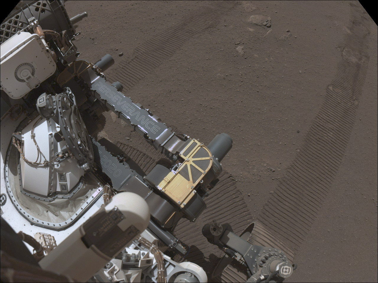 This short animation shows doors opening and closing on parts of the Sample Caching System aboard the rover