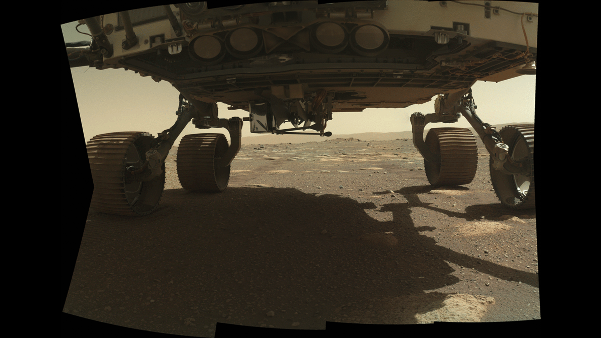 Ingenuity Mars Helicopter can be seen on the belly of the Perseverance rover