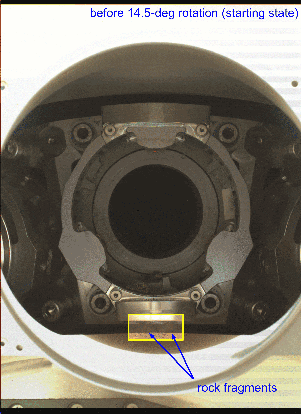 An annotated GIF depicts a rotational test of Perseverance’s bit carousel in which two of four rock fragments were ejected. The five images that make up the GIF were obtained by the rover’s WATSON imager on Jan. 17, 2022.